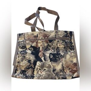 Vintage Tapestry Cat Print Tote Bag in Multi-Neutral Colors